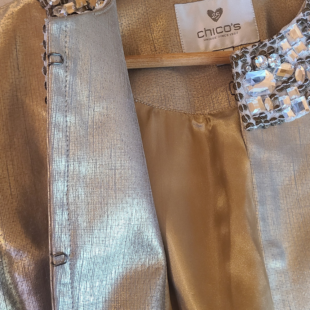 Chicos 1 Champagne Gold Leather Jacket 25th Anniversary Jeweled Collar Size M - Picture 8 of 16